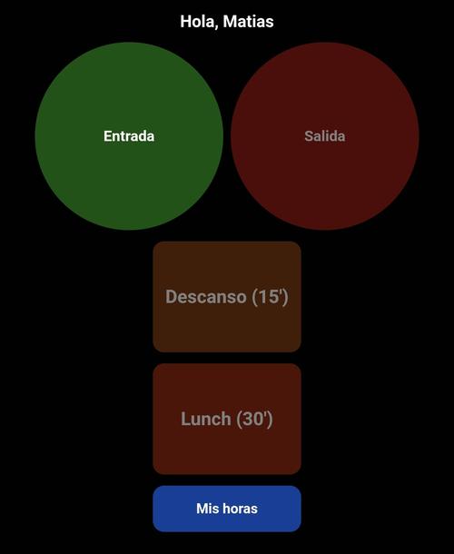 Pantalla de fichaje que ve el equipo, con botones de Entrada, Salida, Descanso y Lunch